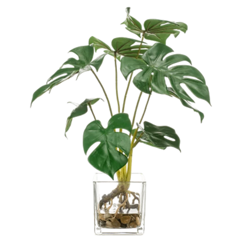 Монстера искусственная в стеклянной прозрачной вазе, В 32