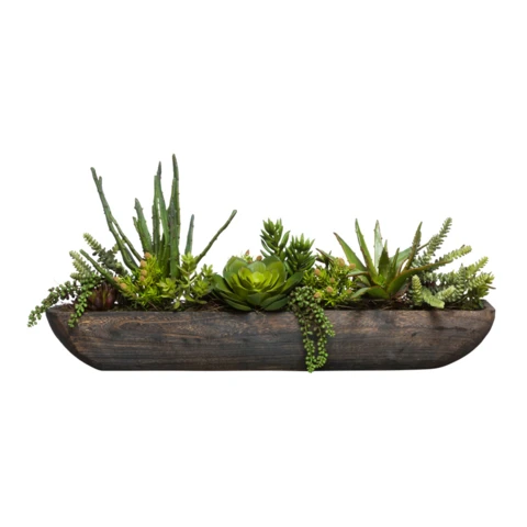 Микс суккулентов в деревянной лодочке, В 15
Д 35
 Ш 11