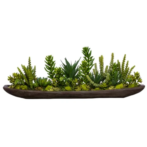 Микс суккулентов в деревянной лодочке, В 15 Д 50 Ш 13