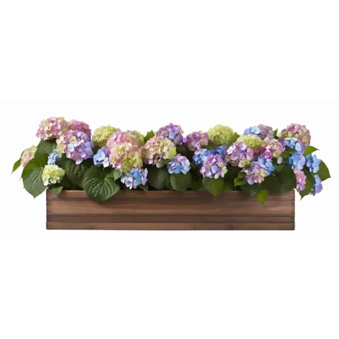 Композиция из искусственных растений в кашпо в садовом стиле с гортензией №98, В30*Д100*Ш20