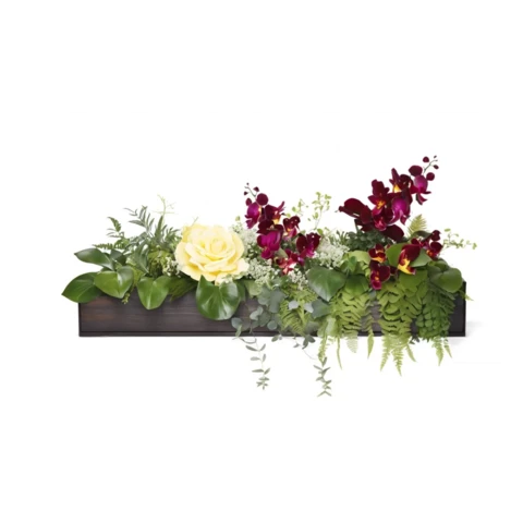 Композиция из искусственных растений в кашпо с орхидеей и розами №100, В40*Д100*Ш20