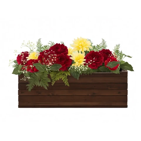 Композиция из искусственных растений в кашпо в садовом стиле с красной гортензией №165, В85*Д100*Ш30