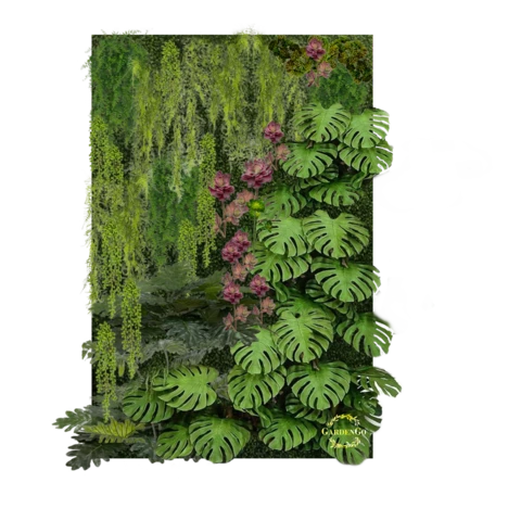 Фитостена искусственная с монстерой и яркими суккулентами. Дизайн №122 