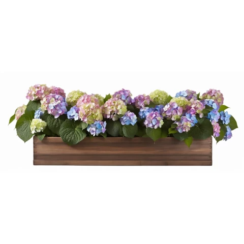 Композиция из искусственных растений в кашпо в садовом стиле с гортензией №98, В30*Д100*Ш15