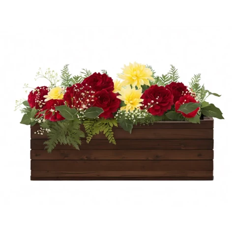 Композиция из искусственных растений в кашпо в садовом стиле с красной гортензией №165, В85*Д100*Ш25