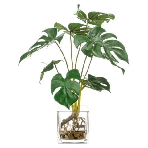Монстера искусственная в стеклянной прозрачной вазе, В 32