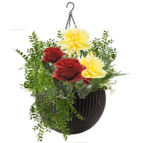 Кашпо подвесное с искусственными розами Д35, В45 см