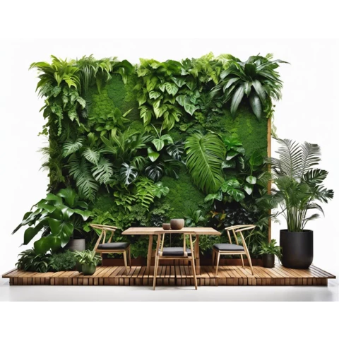 Композиция из искусственных растений на стене со столом и стульями №260, Д320, В250 см